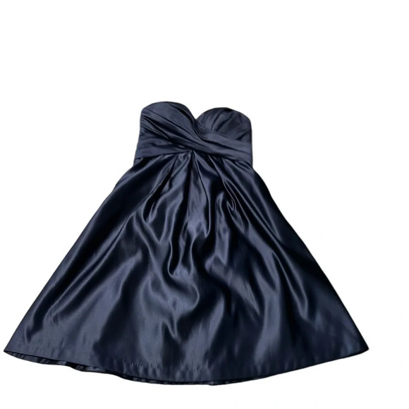 EUC Beautiful Satin Navy ruched front Bill Levkoff Strapless Holiday dress sz 10 - Picture 2 of 8